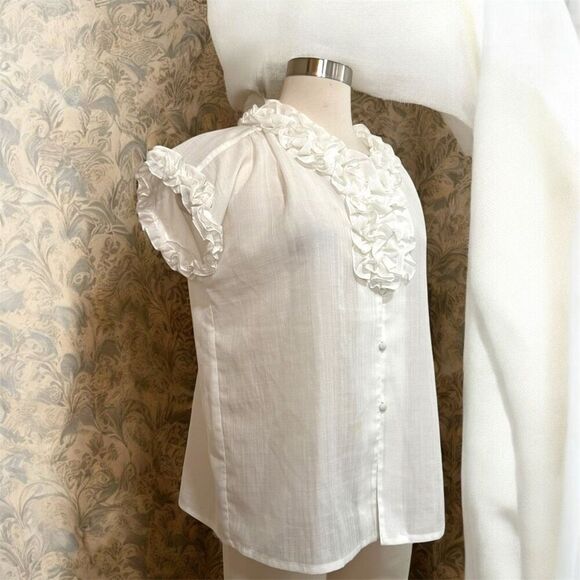 Vintage 70s Prairie Victorian Blouse Ruffle Ivory Collar Mock Medium M - Picture 2 of 7